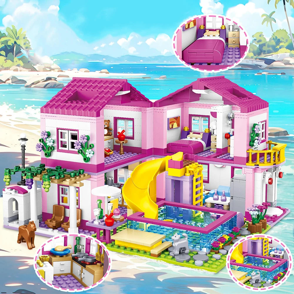 City Street View House Summer Holiday Villa Castle Building Block