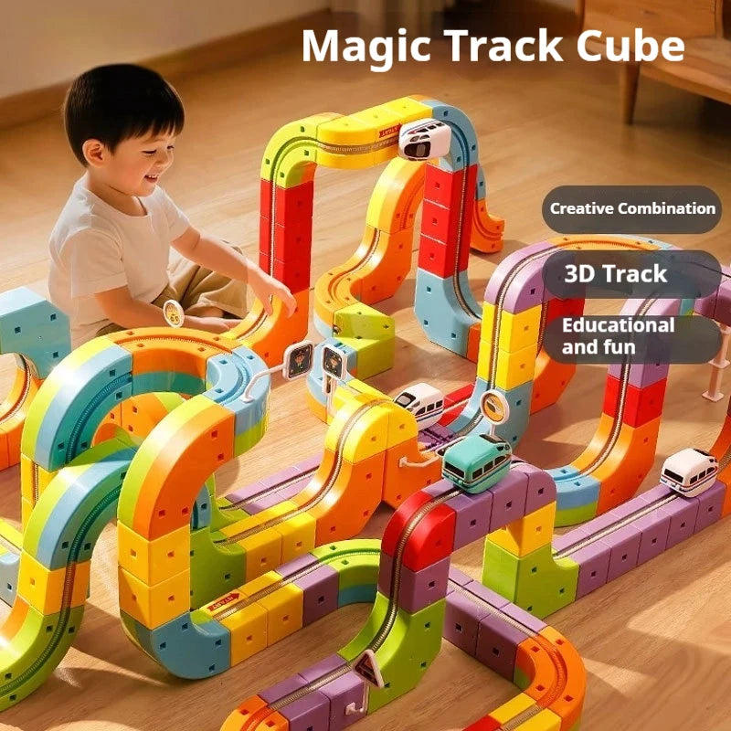 Child playing with a colorful Magic Track Cube toy set on a wooden floor.