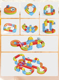 Set of colorful toy tracks and cars on a beige background