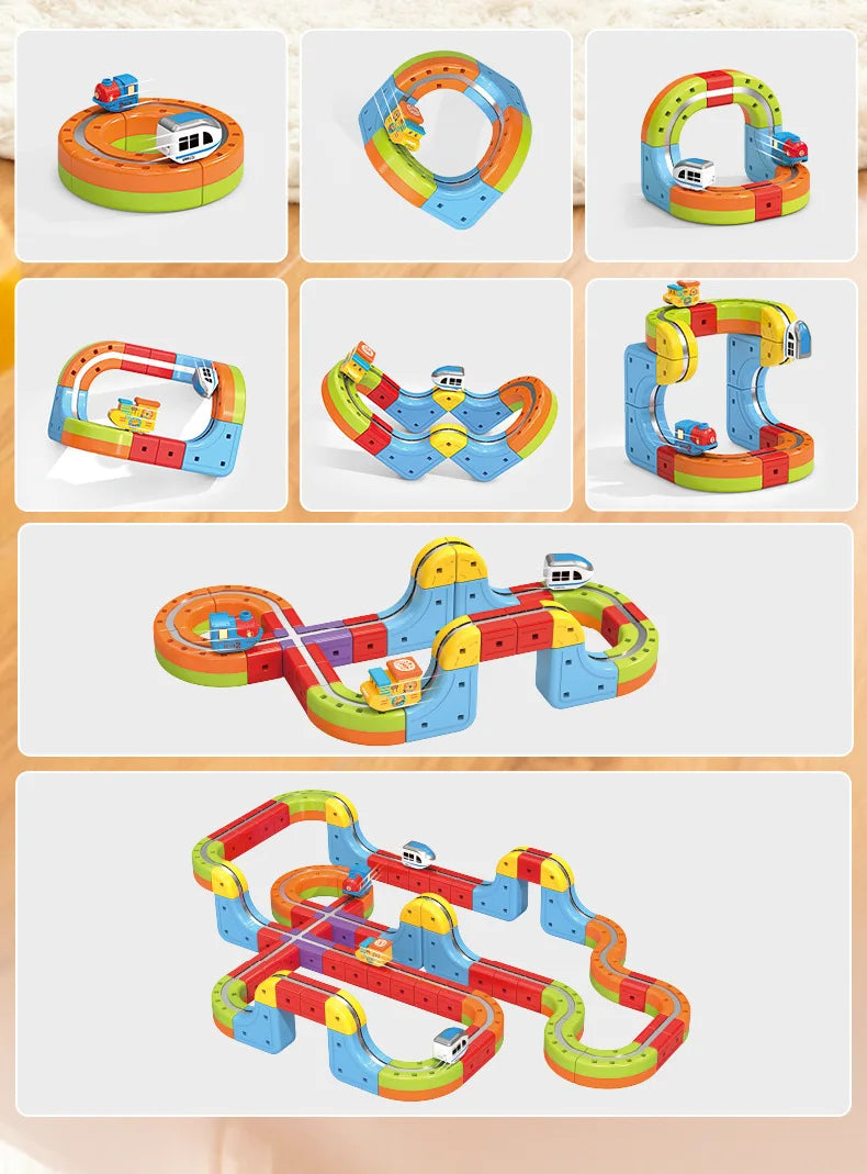 Set of colorful toy tracks and cars on a beige background