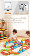 Children playing with a colorful toy train set on the floor, with a shelf of toys in the background.