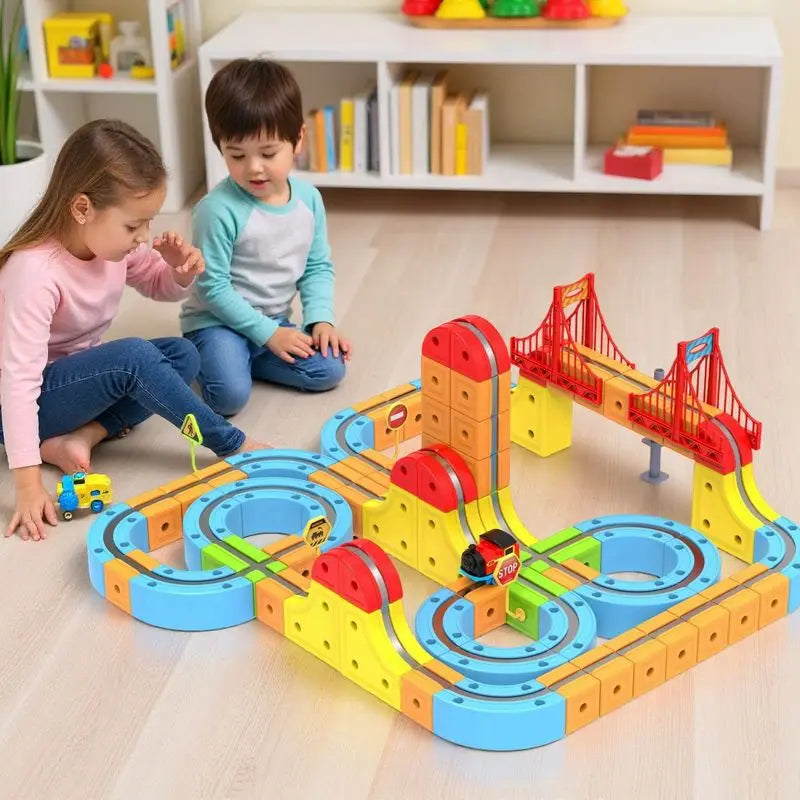 Two children playing with a colorful toy marble track set on a wooden floor.