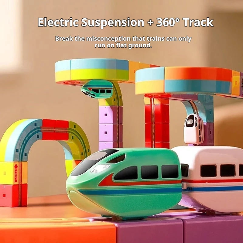 Colorful toy train set with electric suspension and 360-degree track on a beige background